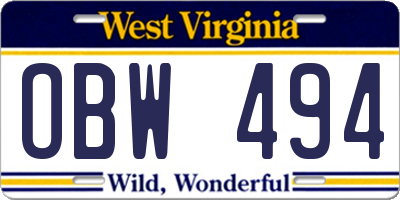 WV license plate OBW494