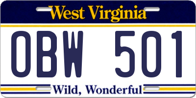 WV license plate OBW501