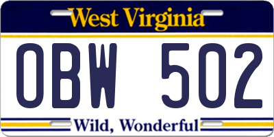 WV license plate OBW502