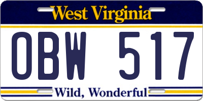 WV license plate OBW517