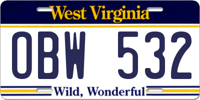 WV license plate OBW532
