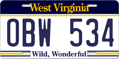 WV license plate OBW534