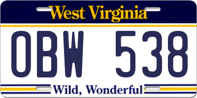 WV license plate OBW538