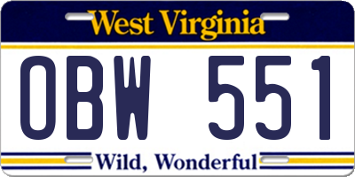 WV license plate OBW551