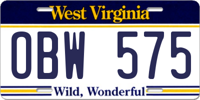 WV license plate OBW575