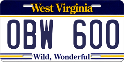 WV license plate OBW600