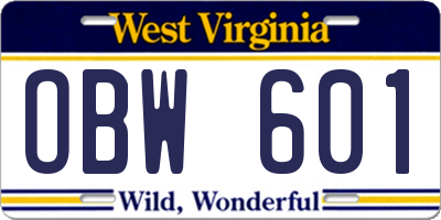 WV license plate OBW601