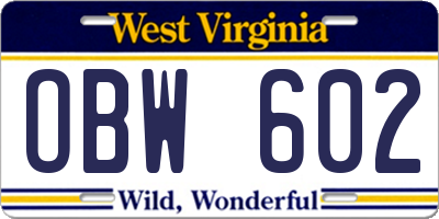 WV license plate OBW602