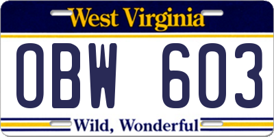 WV license plate OBW603
