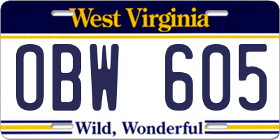 WV license plate OBW605