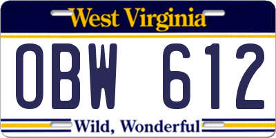 WV license plate OBW612