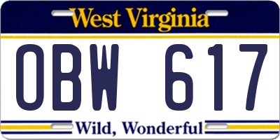 WV license plate OBW617