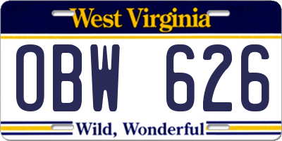 WV license plate OBW626
