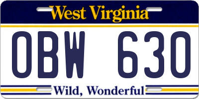 WV license plate OBW630