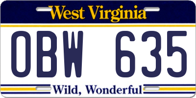 WV license plate OBW635