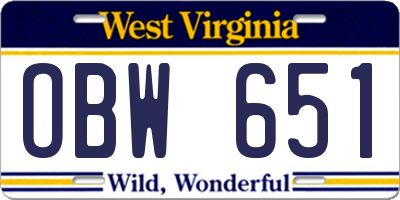 WV license plate OBW651