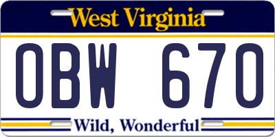 WV license plate OBW670