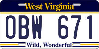 WV license plate OBW671
