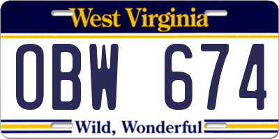 WV license plate OBW674