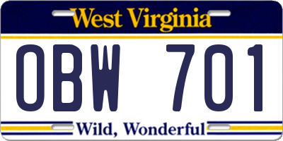 WV license plate OBW701