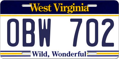 WV license plate OBW702