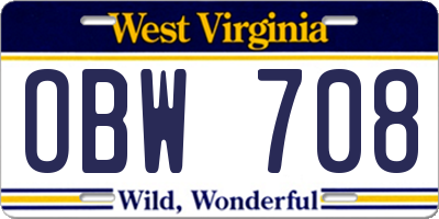 WV license plate OBW708