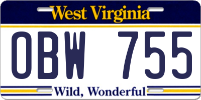 WV license plate OBW755