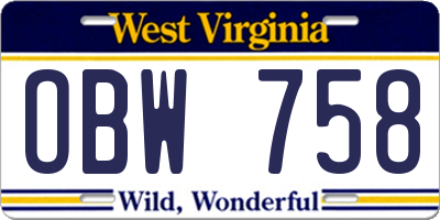 WV license plate OBW758