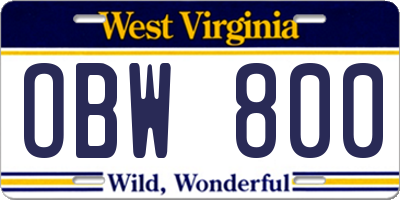 WV license plate OBW800