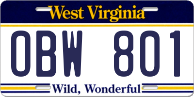 WV license plate OBW801