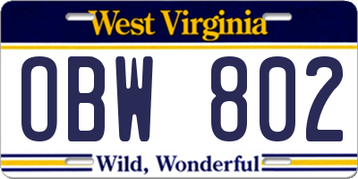 WV license plate OBW802