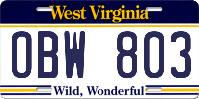 WV license plate OBW803