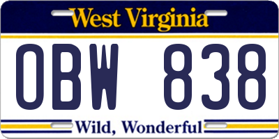 WV license plate OBW838
