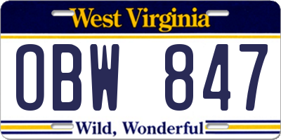 WV license plate OBW847