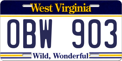 WV license plate OBW903