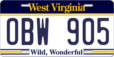 WV license plate OBW905