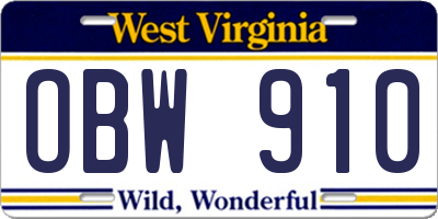 WV license plate OBW910