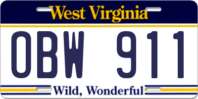 WV license plate OBW911