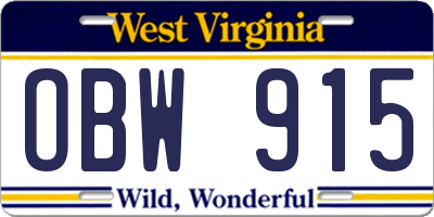 WV license plate OBW915
