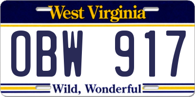 WV license plate OBW917