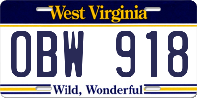 WV license plate OBW918