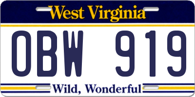 WV license plate OBW919