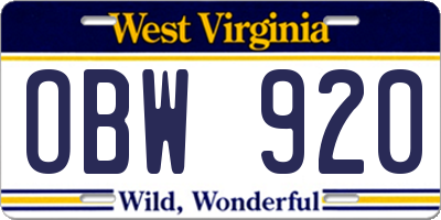 WV license plate OBW920