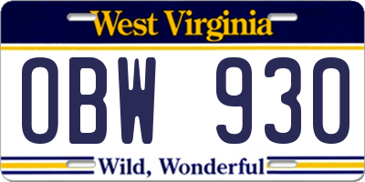 WV license plate OBW930