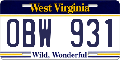 WV license plate OBW931