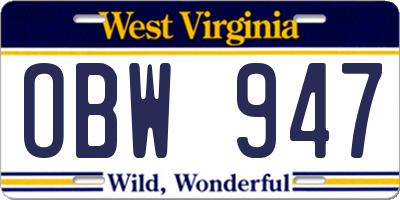 WV license plate OBW947