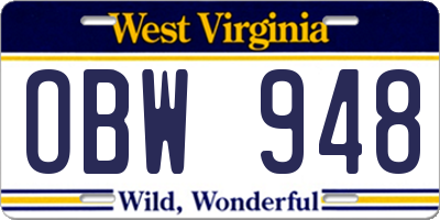 WV license plate OBW948