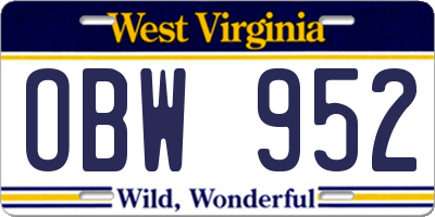 WV license plate OBW952