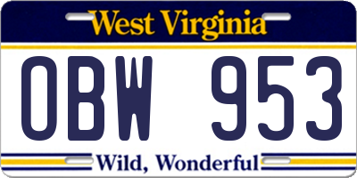 WV license plate OBW953