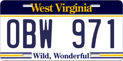 WV license plate OBW971
